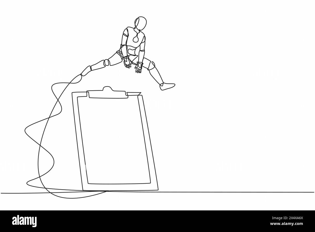 Robot dessinant une seule ligne sautant par-dessus un grand presse-papiers. Feuille de papier d'application de l'enquête de liste de contrôle. Développement technologique futur. Moderne co Illustration de Vecteur