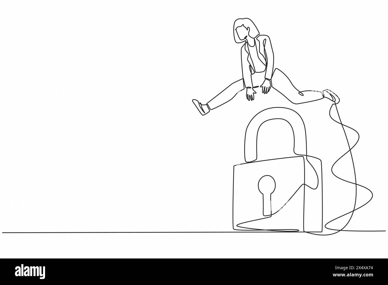 Simple ligne continue dessinant femme d'affaires sautant grande serrure. Sécurité de la protection de l'entreprise. Solutions professionnelles, clé de succès ou débloquez l'activité AC Illustration de Vecteur