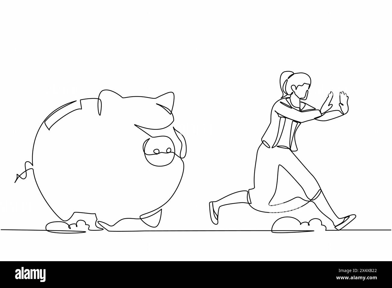 Simple dessin d'une ligne effrayée femme d'affaires pourchassée par tirelire. Femme cadre dans la crise financière, catastrophe économique. Métaphore minimale. Suite Illustration de Vecteur
