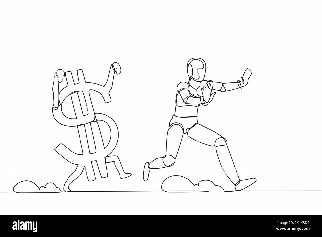 Robot continu à une ligne de dessin stressé poursuivi par le symbole du dollar. Peur de la crise économique ou financière. Organisme cybernétique robot humanoïde Illustration de Vecteur