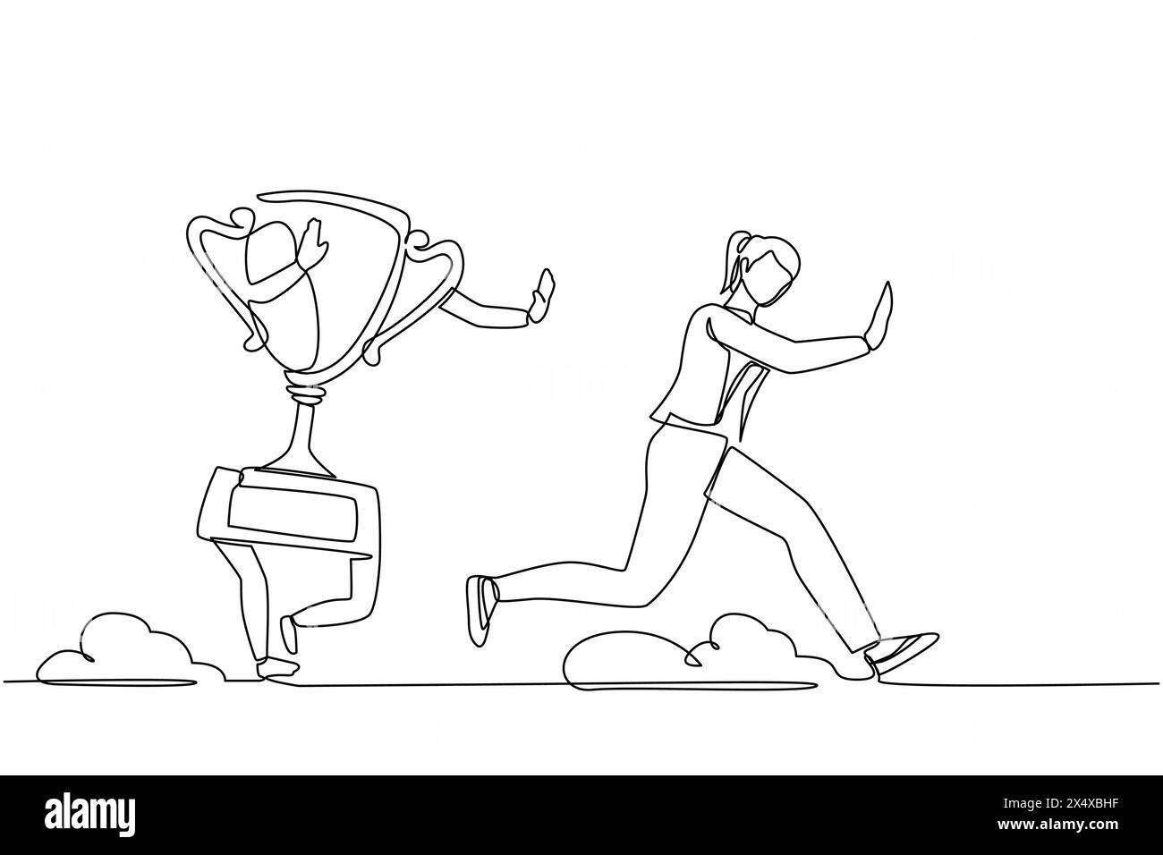 Dessin de ligne continue unique effrayé femme d'affaires étant pourchassée par trophée. La travailleuse a échoué avec la direction de l'entreprise, la mission, la vision. Minimalisme Illustration de Vecteur