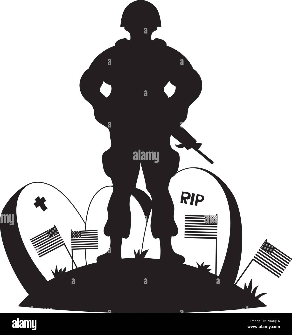 Memorial Day. Soldat militaire avec des armes se tient devant des tombes avec des drapeaux américains. Cimetière des vétérans. Dessin de silhouette. Illustration vectorielle Illustration de Vecteur