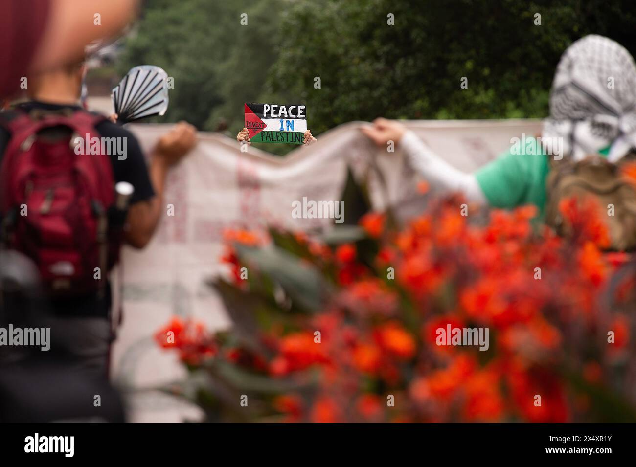 Palestine. 5 mai 2024. Les étudiants de l'Université du Texas rejoignent la faculté et le personnel sous-payés pour la justice en Palestine. Chaque année, le jour de mai est célébré dans le monde entier en tant que Journée internationale des travailleurs. Le Comité de solidarité de la Palestine, UT SILS et les jeunes leaders actifs du travail pour un rassemblement du 1er mai à la tour de l’UT, exigeant le désinvestissement total et la fin du génocide de la Palestine. Austin, Texas. Mario Cantu/CSM/Alamy Live News Banque D'Images