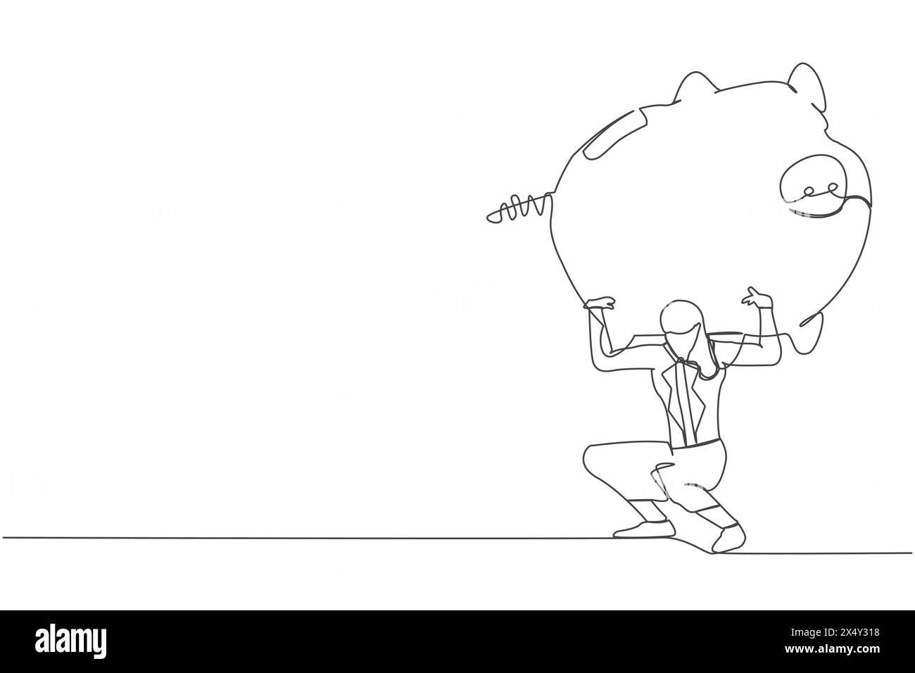 Simple une ligne dessinant une femme d'affaires frustrée portant une tirelire lourde sur son dos. Cassé et concept de problèmes financiers. Chercher de l'argent en crisi Illustration de Vecteur