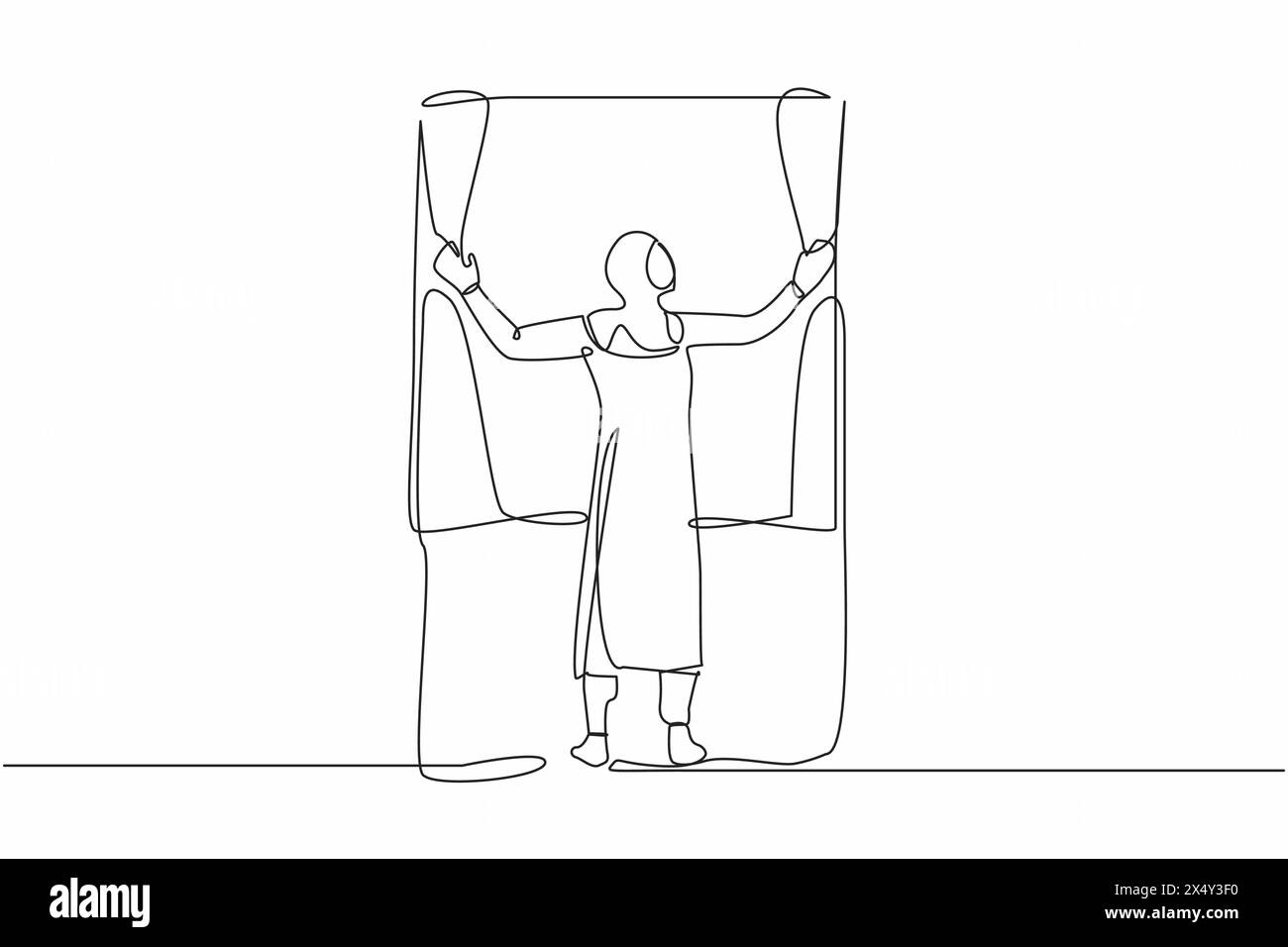 Une ligne continue dessinant la vue arrière de la jeune femme arabe debout et ouvrant des rideaux de fenêtre. Concept de personne se réveiller le matin pour se rafraîchir a Illustration de Vecteur