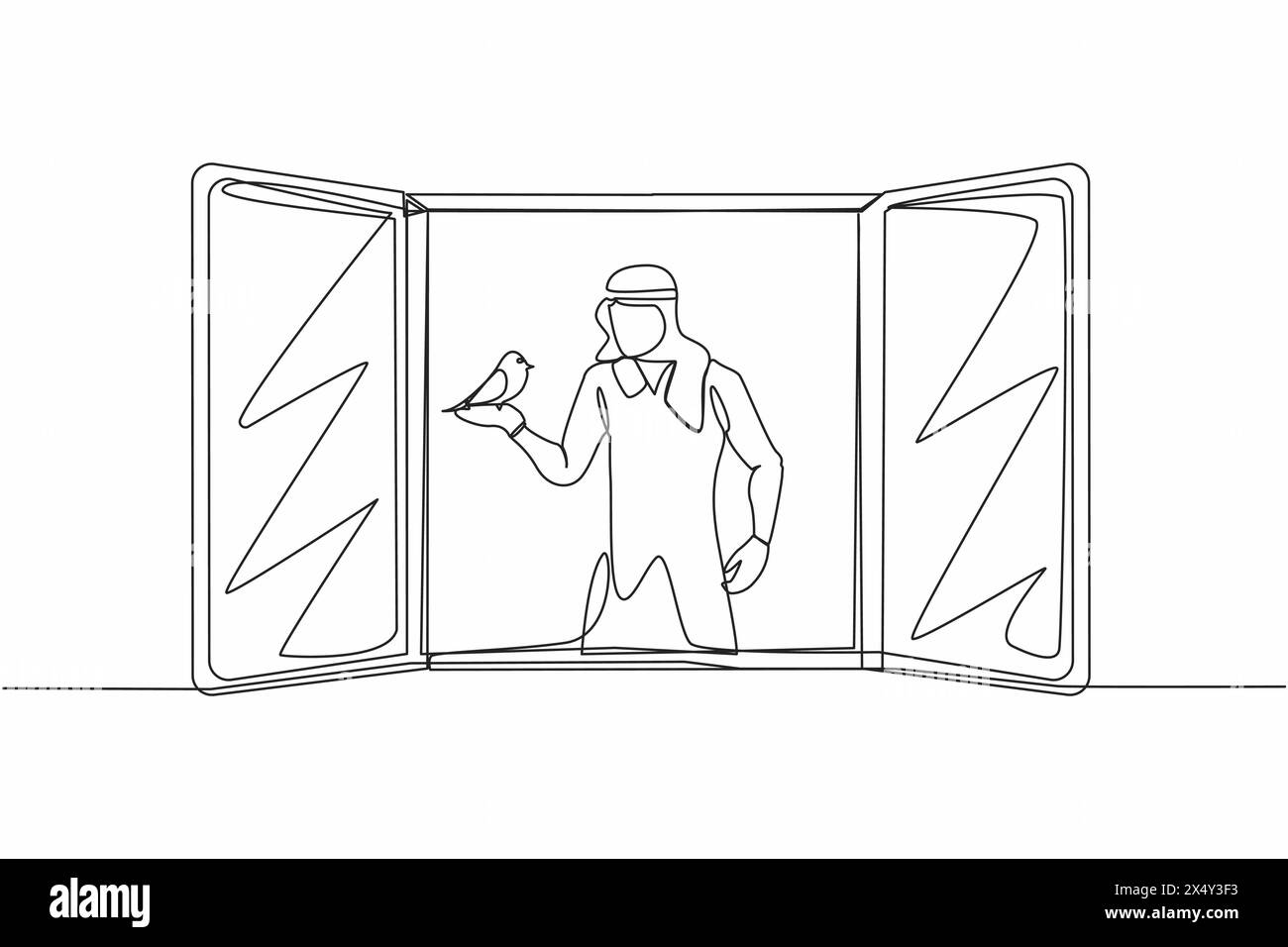 Continue d'une ligne dessinant l'homme arabe avec l'animal de compagnie oiseau sur sa main. Saison estivale ou printanière. Heureux mâle sur le balcon, fenêtre ouverte, à la recherche d'air frais. Si Illustration de Vecteur