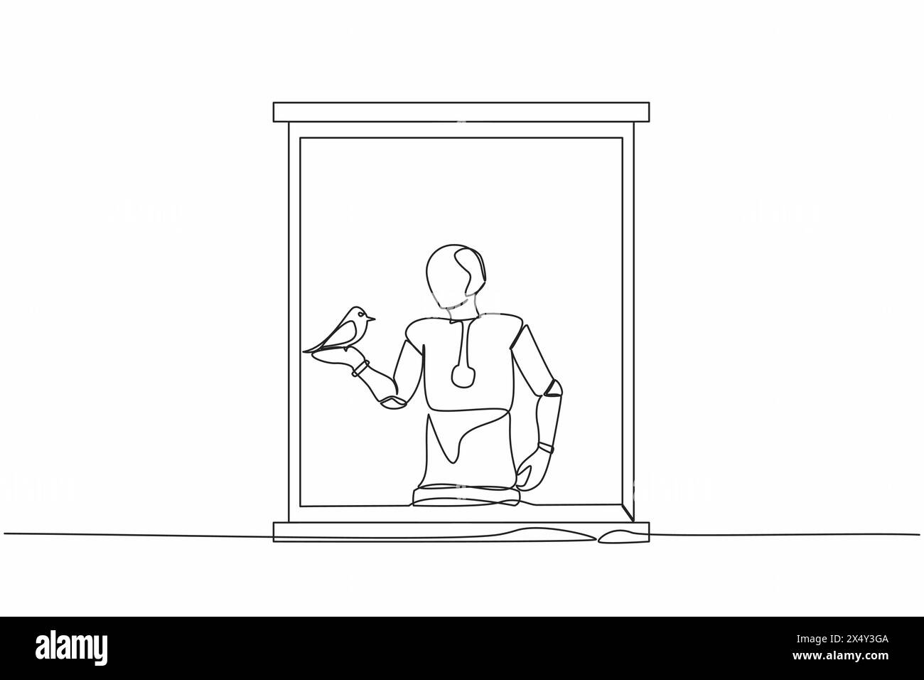 Robot de dessin simple d'une ligne avec animal de compagnie oiseau sur sa main. Fenêtre ouverte, à la recherche d'air frais. Intelligence artificielle robotique. Technologie électronique dans Illustration de Vecteur