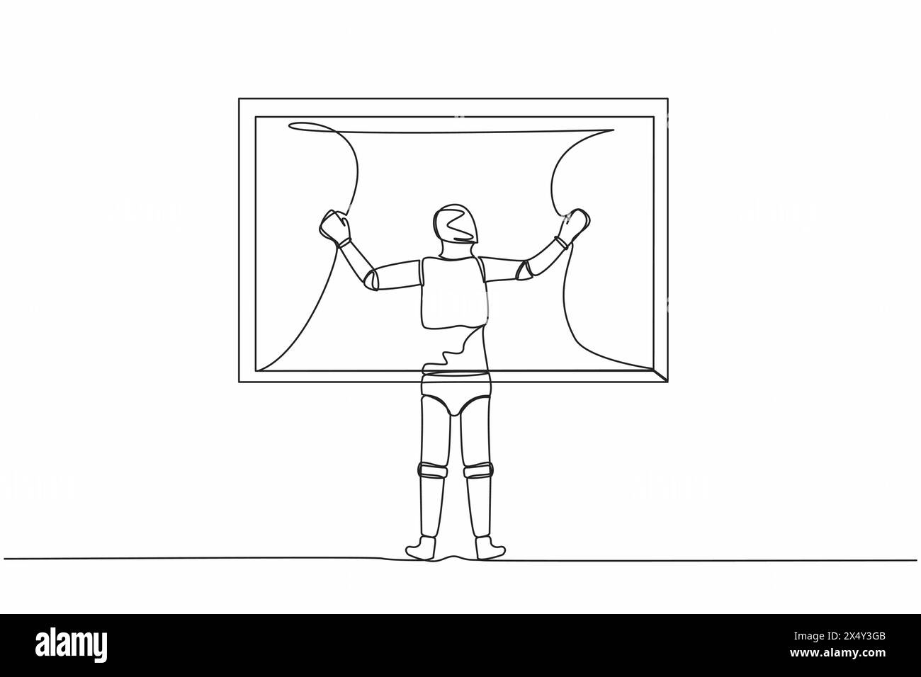 Rideaux de fenêtre ouvrants pour robot de dessin de ligne continue unique. Réveillez-vous et ouvrez le rideau le matin pour prendre l'air frais. Technologie future. Int artificiel Illustration de Vecteur