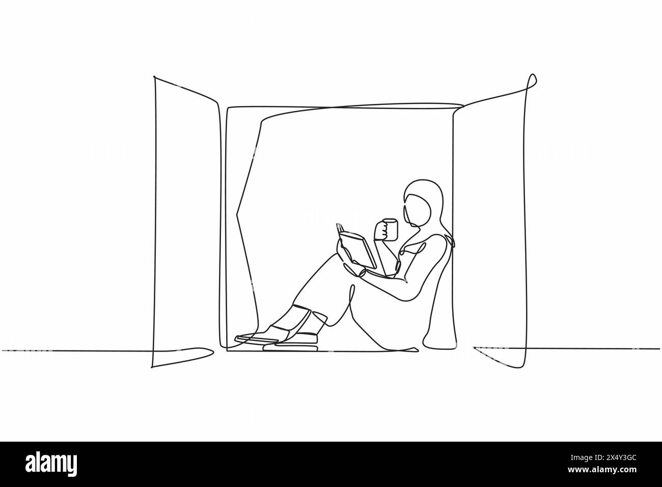 Continue d'une ligne dessinant femme arabe sur le rebord de fenêtre livre de lecture avec tasse de café chaud ou de thé. Profitez de l'air frais dans la fenêtre de la chambre. Reste à la maison. S Illustration de Vecteur