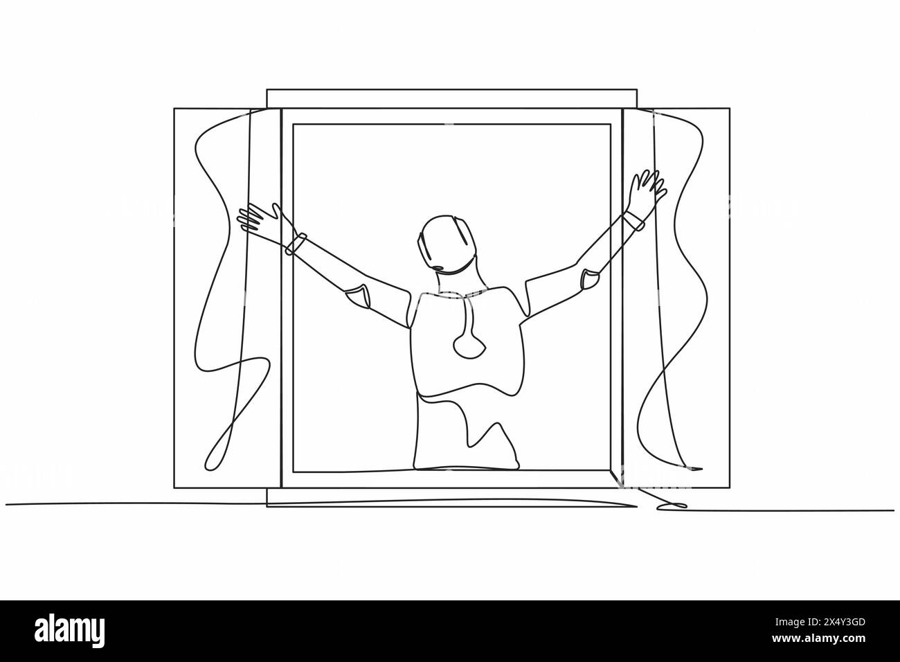 Simple dessin d'une ligne robot heureux regardant hors de la fenêtre rencontrer le nouveau jour respirer l'air frais. Intelligence artificielle robotique. Technologie électronique industr Illustration de Vecteur