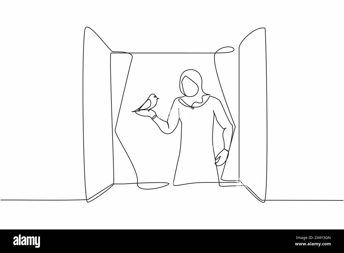 Simple une ligne dessinant jeune femme arabe debout sur le rebord de la fenêtre avec oiseau dans le bras. Femme heureuse sur le balcon avec son animal de compagnie. Ouvrez la fenêtre pour obtenir de l'ai fraîche Illustration de Vecteur