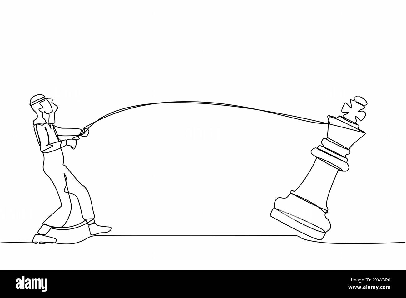 Continu une ligne dessinant homme d'affaires arabe tirant grand roi échecs avec corde. Réussite commerciale, stratégie. Travailleur compétitif dans la concurrence du marché Illustration de Vecteur