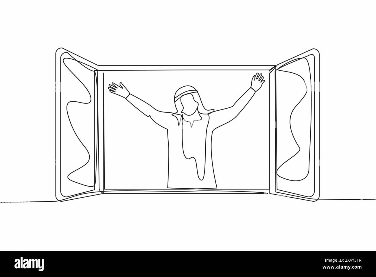 Dessin de ligne continue simple homme arabe heureux regardant par la fenêtre rencontrer le nouveau jour respirer l'air frais. Hommes étirements le matin profiter d'un week-end ensoleillé à Illustration de Vecteur