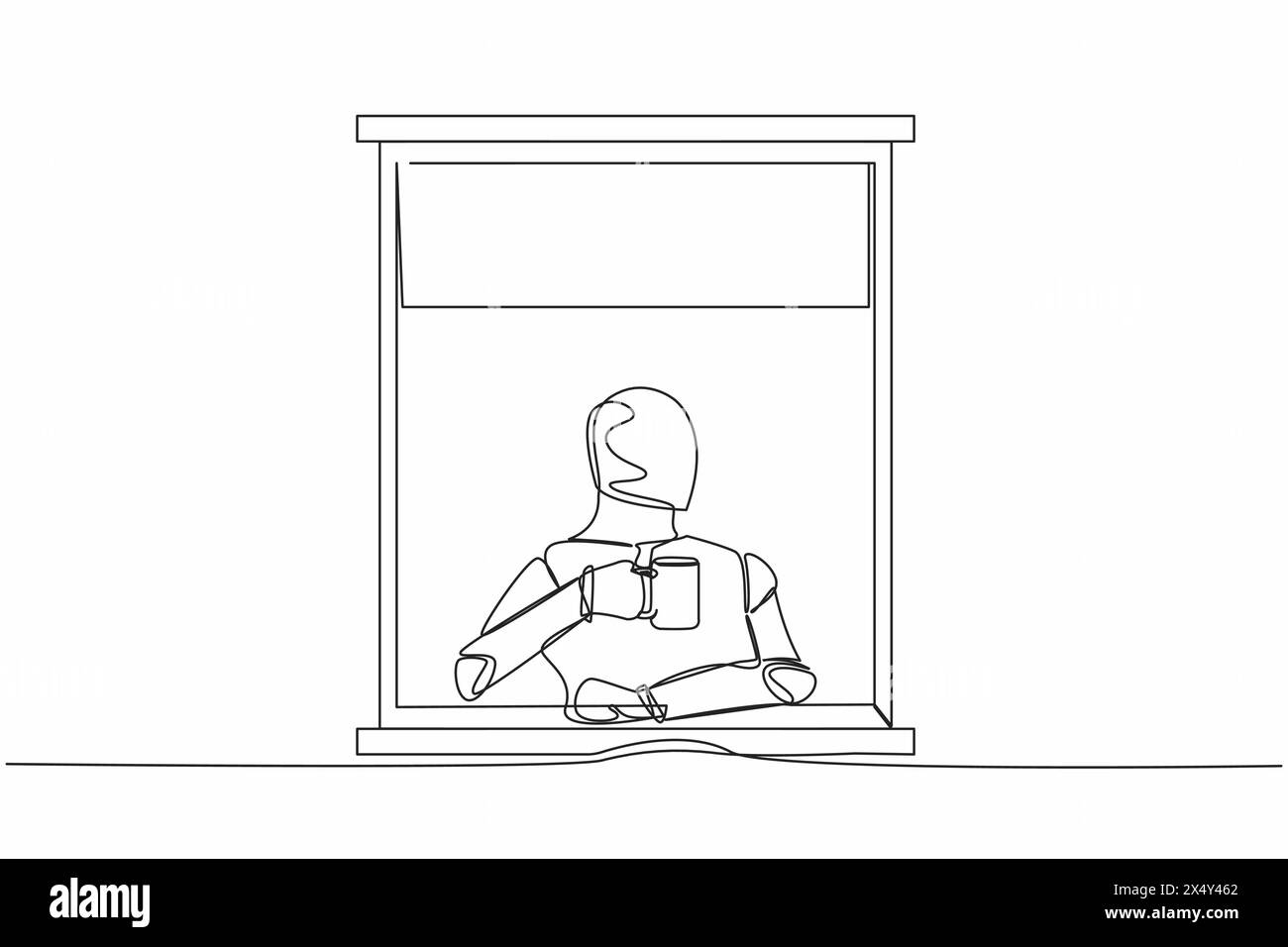 Robot de dessin de ligne continue simple profitez du café chaud ou du thé dans la maison de fenêtre, tenant la tasse, regardant à travers la fenêtre. Technologie future. intel artificiel Illustration de Vecteur