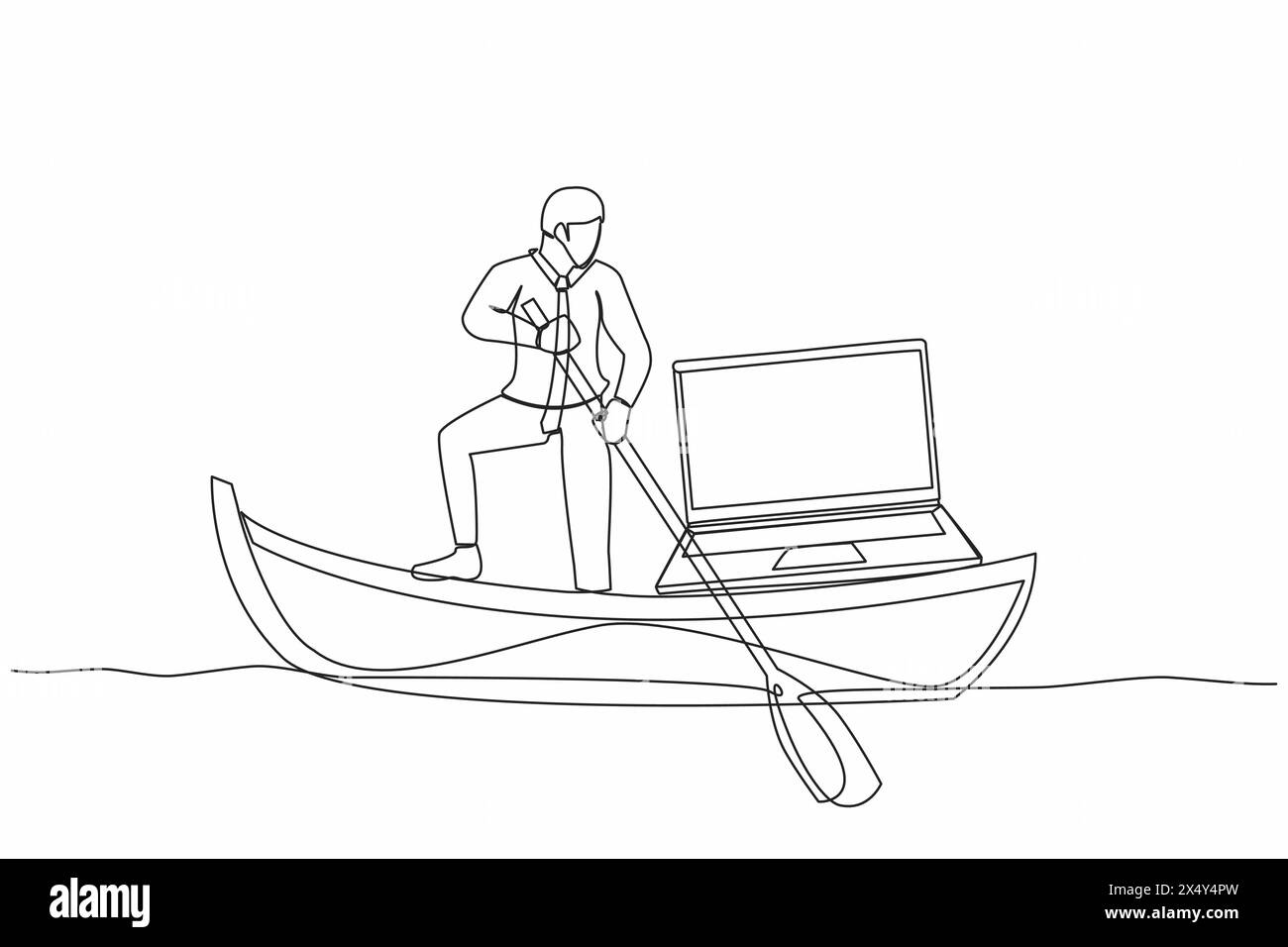 Simple ligne continue dessinant homme d'affaires debout en bateau et naviguant avec ordinateur portable. Travailleur heureux en tant que freelance ou gestionnaire créatif. À distance Illustration de Vecteur