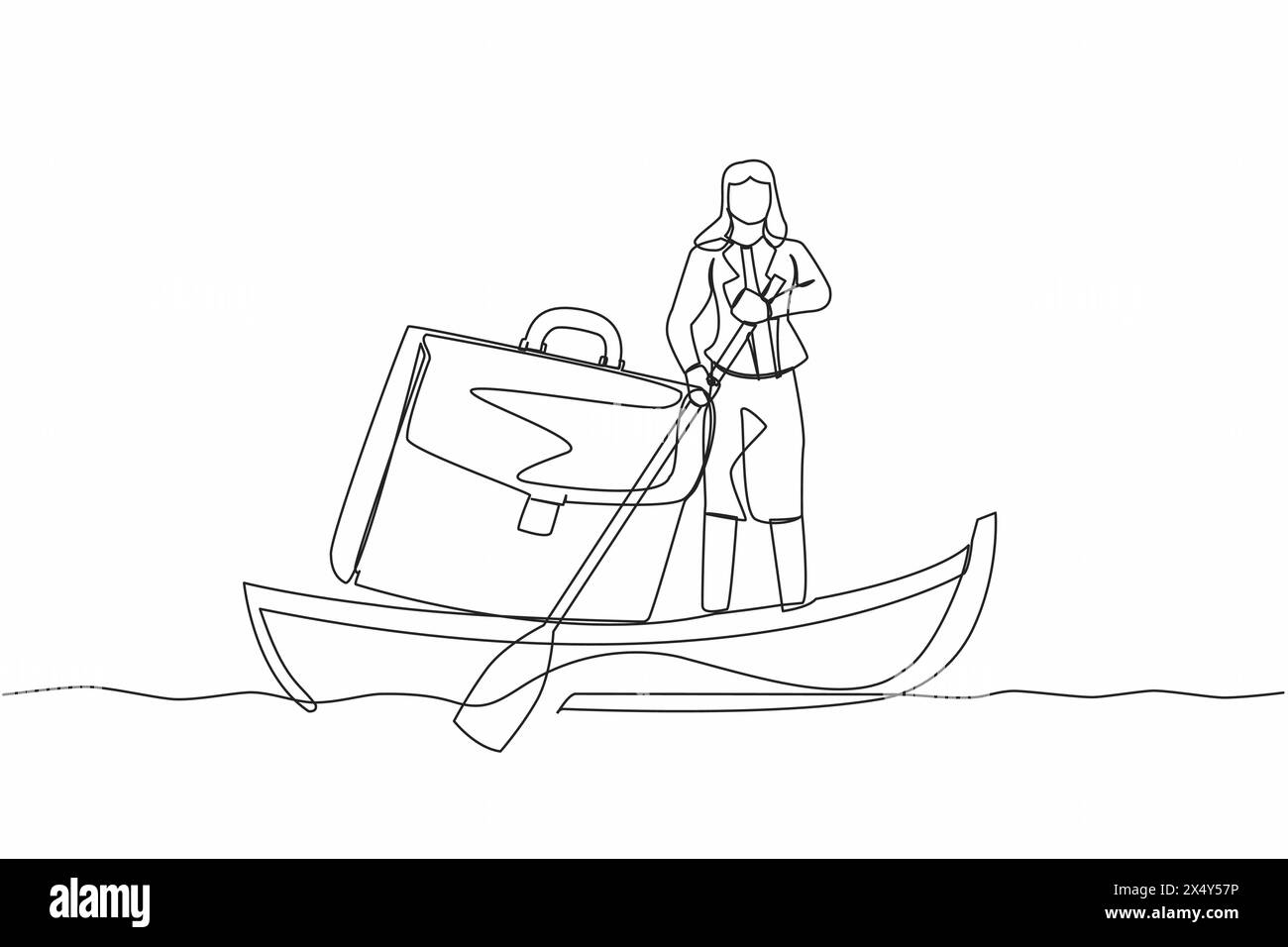 Continue d'une ligne dessinant femme d'affaires naviguant loin sur le bateau avec porte-documents. Les employés planifient leurs vacances d'été. Faites une pause dans un bureau très occupé Illustration de Vecteur