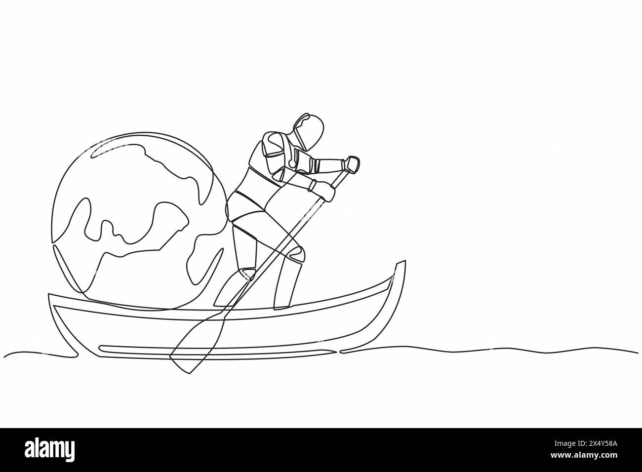 Une ligne continue dessinant robot artificiel debout dans le bateau et naviguant avec globe terrestre. Voyage autour du monde en bateau. Tourisme ou voyage Illustration de Vecteur