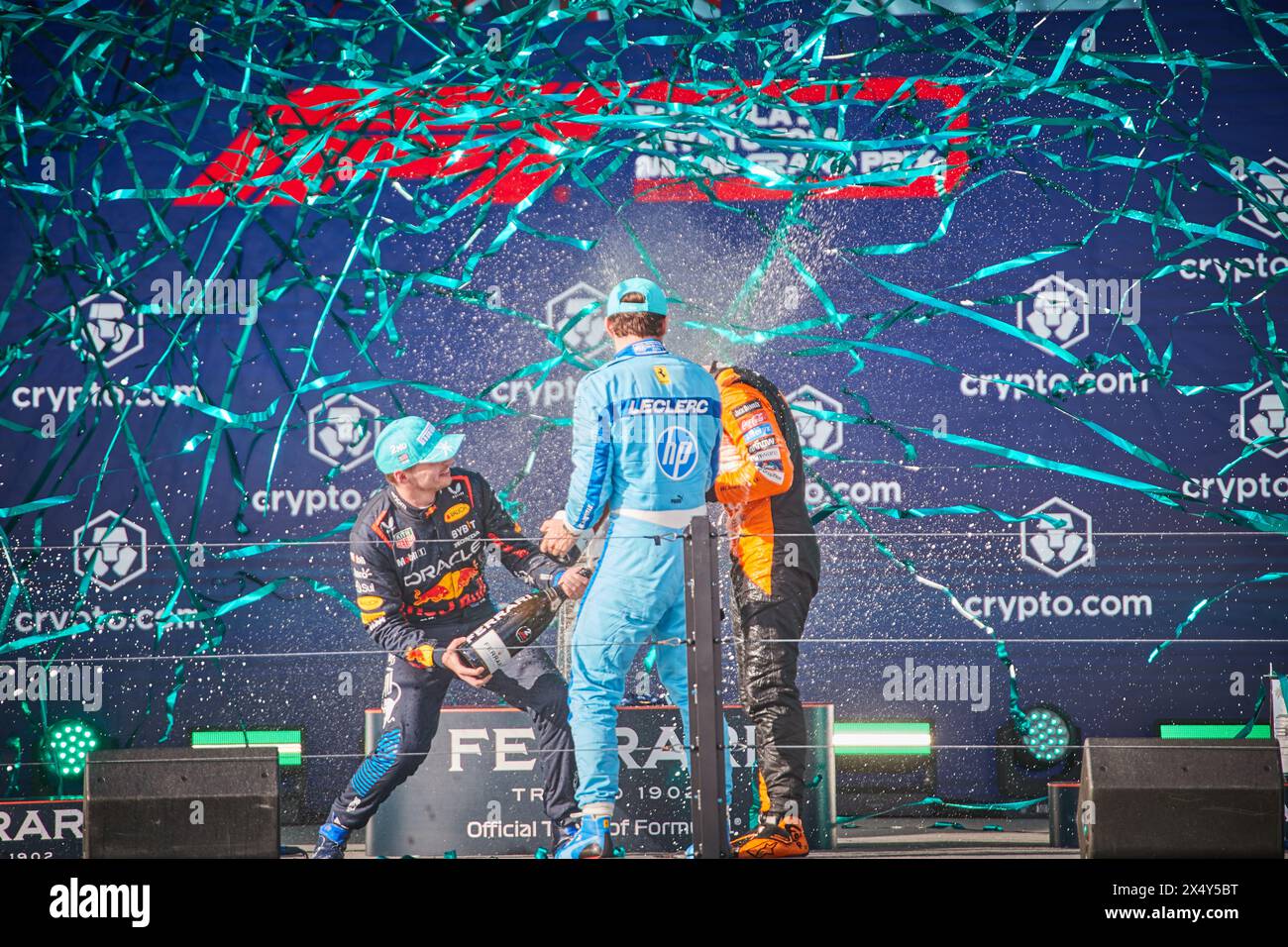 Miami Gardens, Floride, États-Unis. 5 mai 2024. Podium. 1ère place : 4 Lando Norris (GBR) McLaren ; 2ème place : 1 Max Verstappen (NED) Red Bull Racing ; 3ème place : 16 Charlez Leclerc (mon) Ferrari. F1 Miami GP à Miami Autodrome à Miami Gardens, Floride, États-Unis. Crédit : Yaroslav Sabitov/YES Market Media/Alamy Live News. Banque D'Images