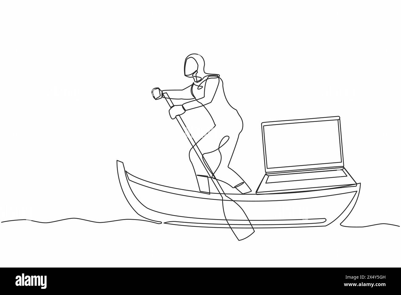 Continue d'une ligne dessinant femme d'affaires arabe debout dans le bateau et naviguant avec ordinateur portable. Travailleur heureux en tant que freelance ou gestionnaire créatif. Re Illustration de Vecteur