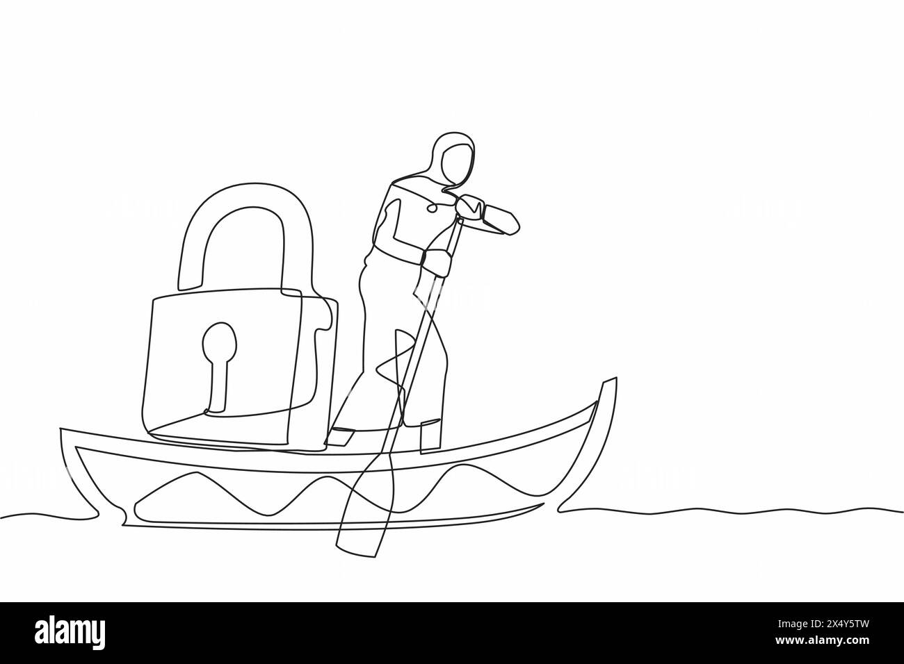 Simple une ligne dessinant femme d'affaires arabe debout dans le bateau et naviguant avec cadenas. Protection maritime à l'océan contre les pirates. Sécurité dans les entreprises a Illustration de Vecteur