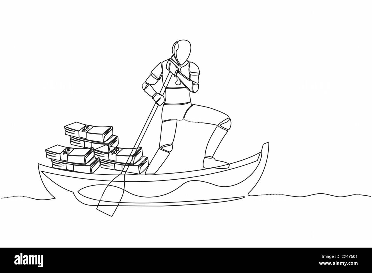 Robot dessinant une seule ligne naviguant loin sur le bateau avec pile de billets de banque. Criminalité financière numérique ou blanchiment d'argent. Intelligence artificielle robotique Illustration de Vecteur