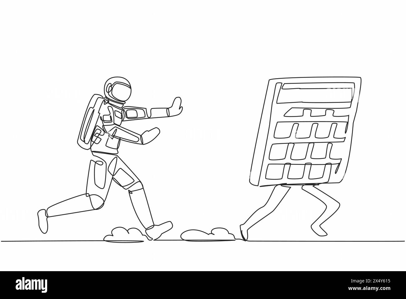 Simple une ligne dessinant jeune astronaute chassant calculatrice dans la surface de la lune. Calcul des coûts de l'exploration spatiale. Cosmonaute concept d'espace profond. Illustration de Vecteur