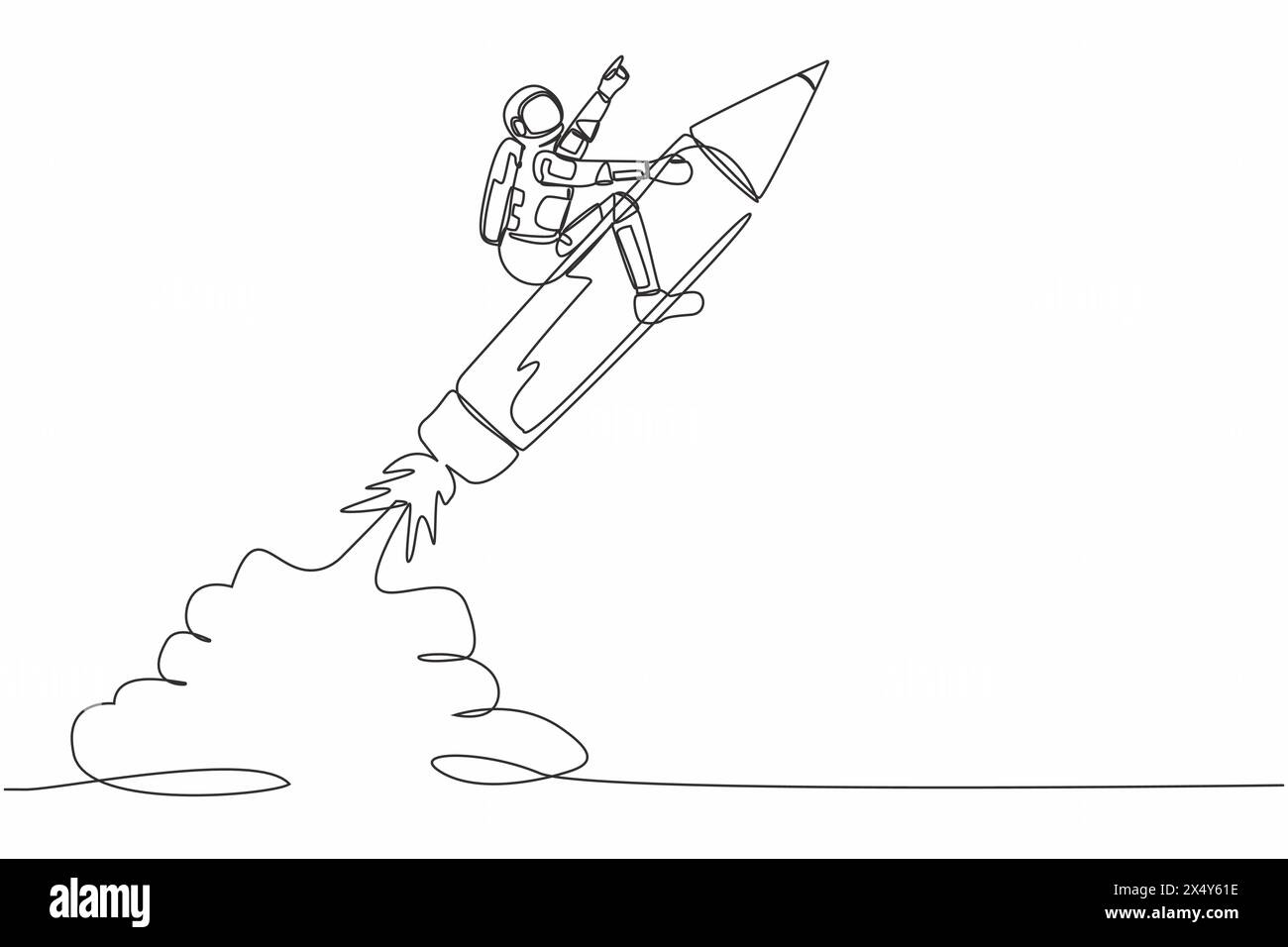 Ligne continue unique dessinant un jeune astronaute à cheval de fusée crayon volant dans la surface de la lune. Éducation pour réaliser la technologie des vaisseaux spatiaux. Cosmonaute profond Illustration de Vecteur