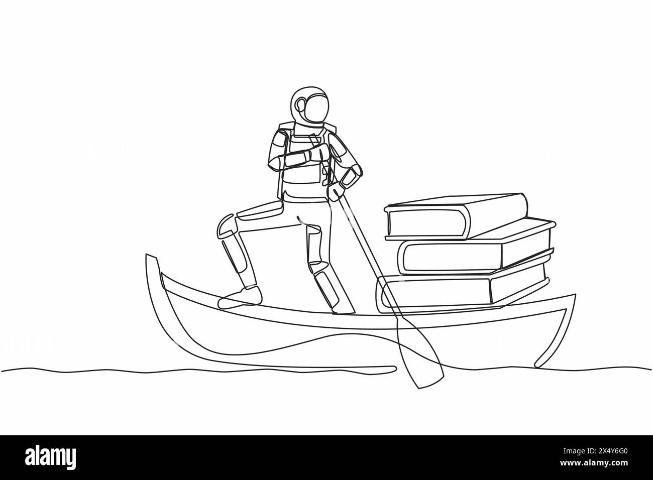 Une ligne continue dessinant astronaute naviguant loin sur le bateau avec pile de livres. enseignement supérieur et apprentissage pour devenir cosmonaute. Cosmonaute externe sp Illustration de Vecteur