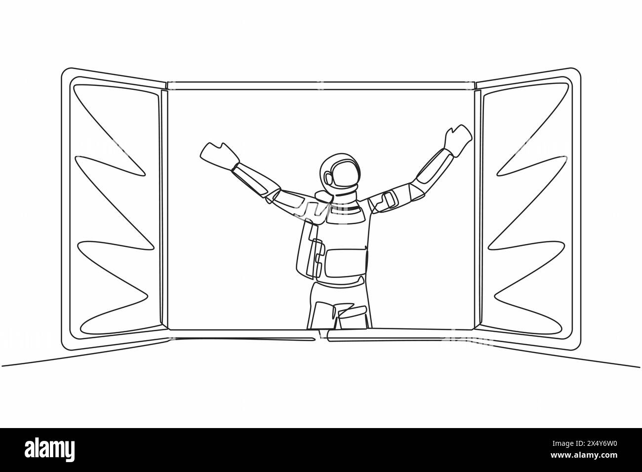 Dessin continu d'une ligne de jeune astronaute regardant par la fenêtre rencontrer le nouveau jour respirer l'air frais dans la surface de la lune. Cosmonaute concept de l'espace extra-atmosphérique. Si Illustration de Vecteur