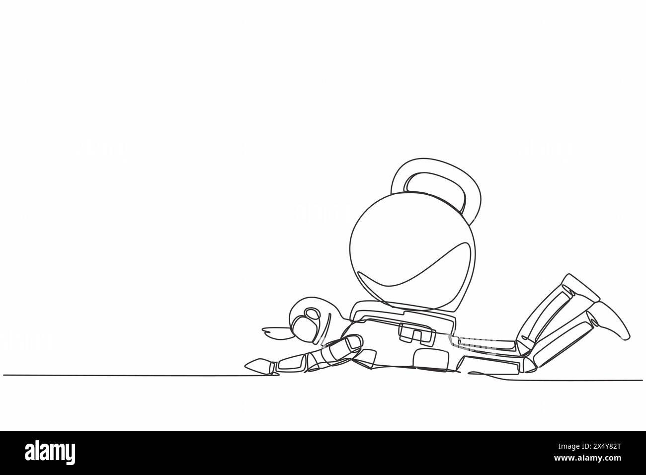 Une seule ligne dessinant un jeune astronaute sous le lourd fardeau de kettlebell. Crise financière dans la compagnie spatiale. Développement technologique. Espace galaxique cosmique. Illustration de Vecteur