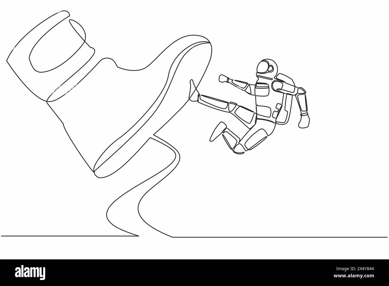 Une ligne continue dessinant un jeune astronaute de coup de pied géant à la surface de la lune. Spaceman faisant le coup de pied volant à la grosse botte. Cosmonaute de l'espace extra-atmosphérique conce Illustration de Vecteur