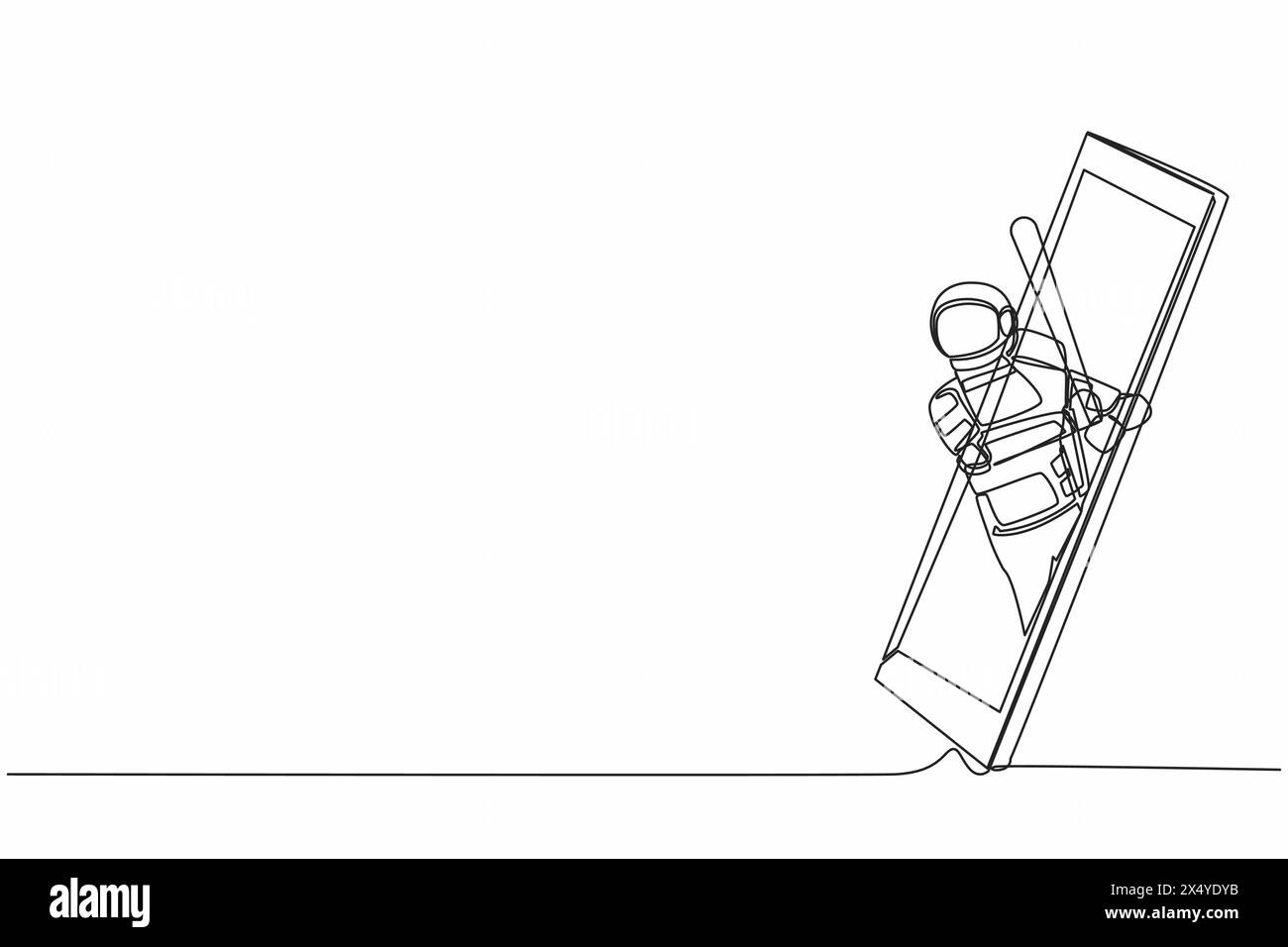 Continu une ligne dessinant astronaute joueur de baseball prêt à frapper la balle en sortant de l'écran du smartphone. Matchs de sport mobiles. Cosmonaute ou Illustration de Vecteur