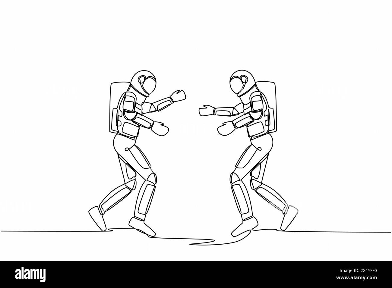 Simple une ligne dessinant deux jeunes astronautes courant face à face tout en se préparant à s'embrasser. Brisez un bonheur entre deux amis. Galaxie cosmique spac Illustration de Vecteur