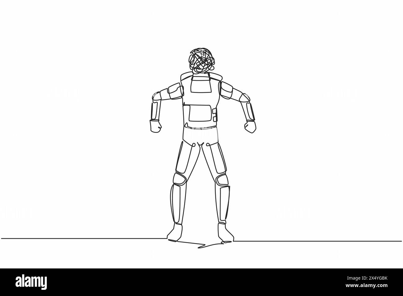 Simple dessin d'une ligne d'astronaute avec gribouillage rond au lieu de la tête. Spaceman en colère. Émotionnel en rage. Sentiment de colère. Espace galaxique cosmique. Conti Illustration de Vecteur