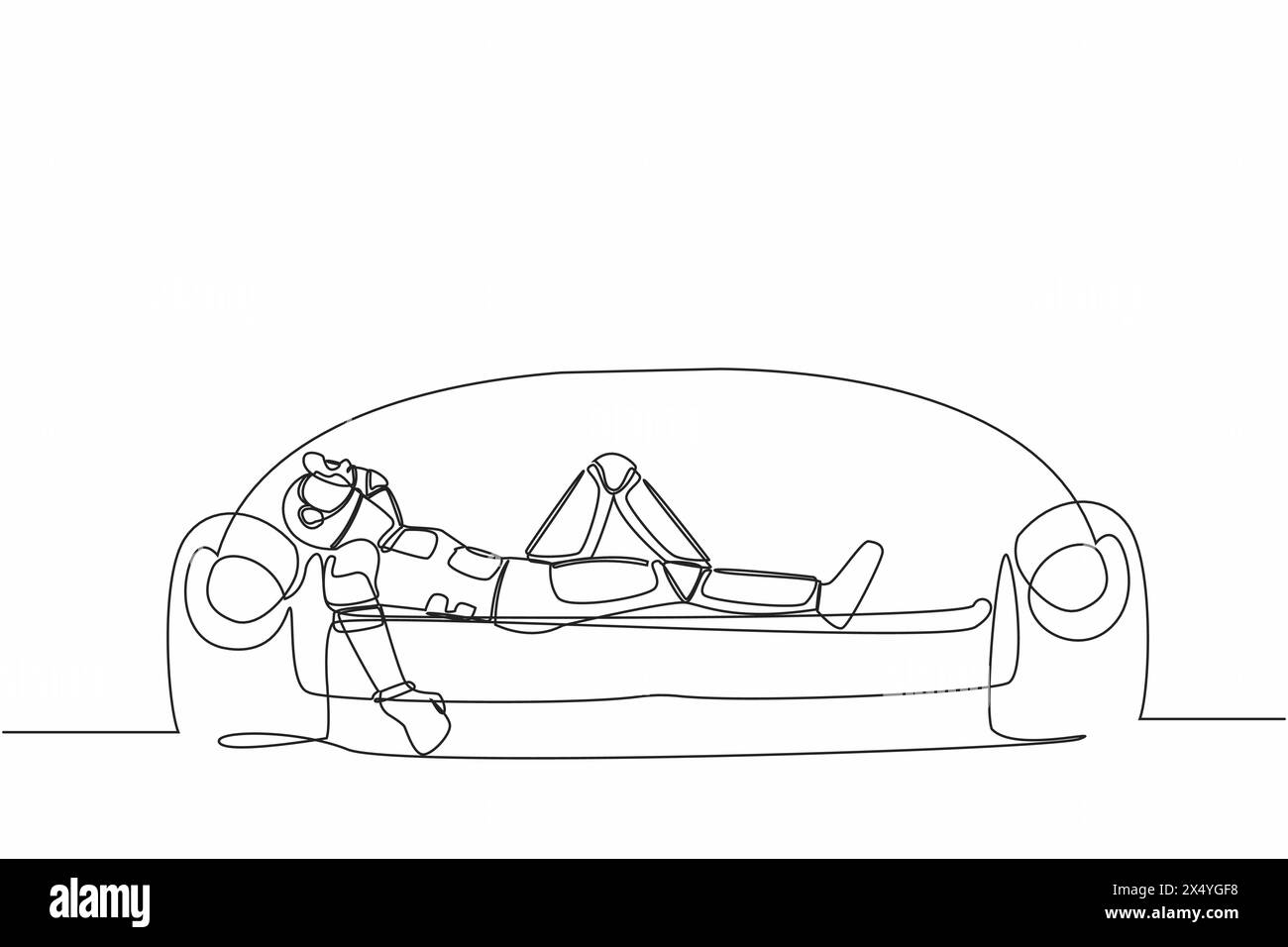 Une seule ligne continue dessinant un astronaute déprimé tenant sa tête couchée sur un canapé. Stress et anxiété face à l'échec du voyage spatial. Cosmonaute de l'espace profond Illustration de Vecteur
