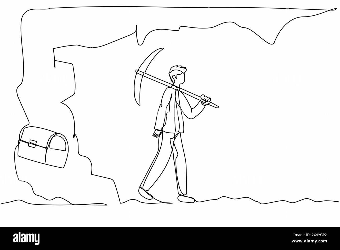 Simple ligne continue dessinant homme d'affaires abandonner creuser la grotte, boîte au trésor presque révélée. Faible échec de professionnalisme. Technologie électronique ind Illustration de Vecteur