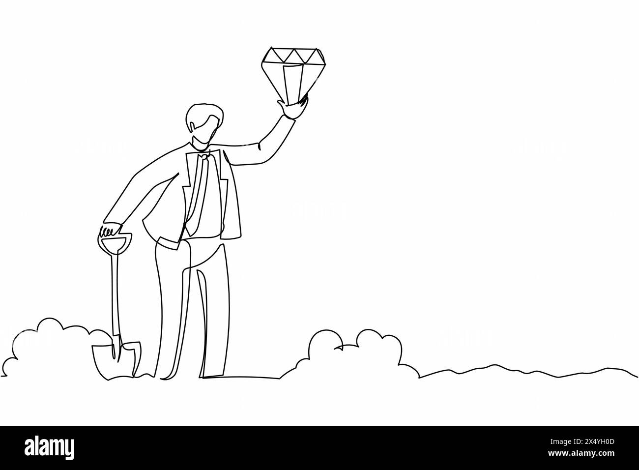 Une seule ligne continue dessinant un riche homme d'affaires tient et trouve un diamant de la terre. Chercheur de trésor excité avec pierre précieuse à la main. Treasure hu Illustration de Vecteur
