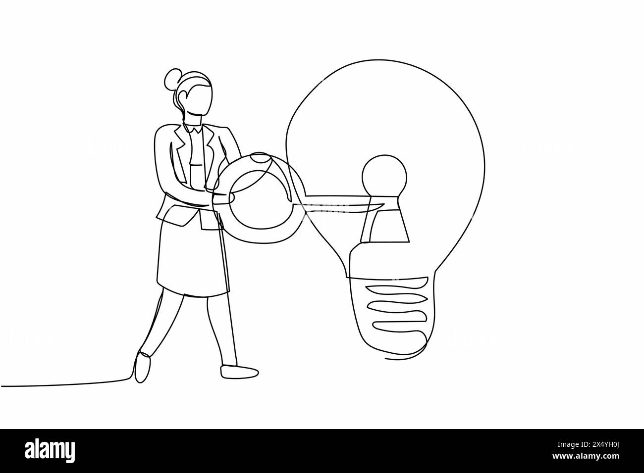 Continue d'une ligne dessinant femme d'affaires mettre la clé dans l'ampoule. Brainstorming à la recherche d'idées d'affaires, inventer un nouveau produit ou des pensées créatives. S Illustration de Vecteur