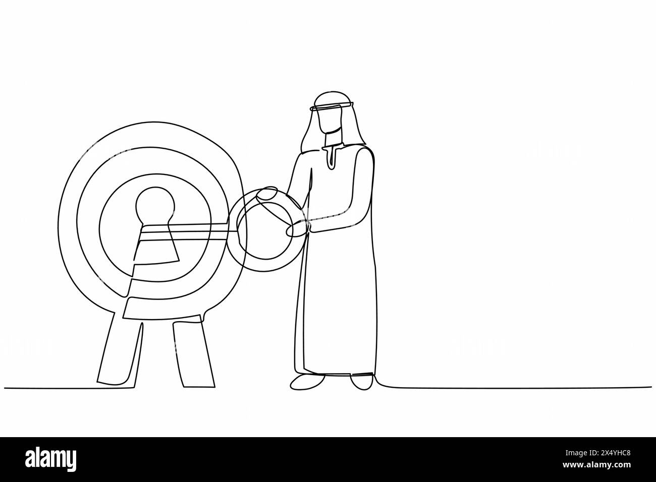 Une seule ligne continue dessinant un homme d'affaires arabe mettant la grande clé dans la cible Bullseye. Débloquez une opportunité commerciale. Carrière ou réalisation d'objectifs. Secret Illustration de Vecteur