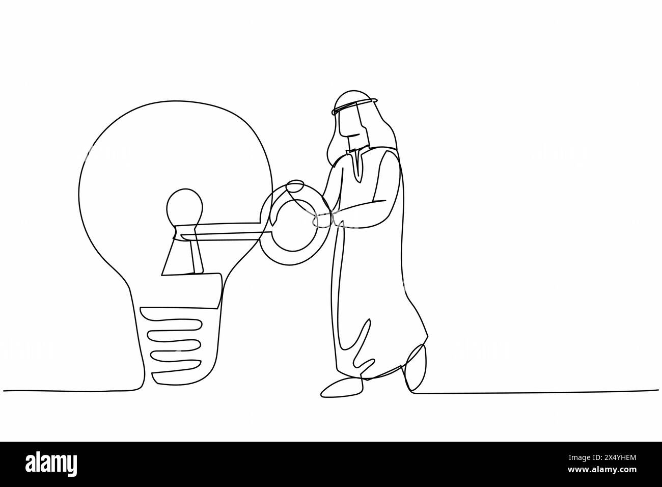Continu une ligne dessinant homme d'affaires arabe mettant la grande clé dans l'ampoule. Déverrouiller l'innovation sur l'idée d'entreprise, inventer un nouveau produit ou Creative thoug Illustration de Vecteur