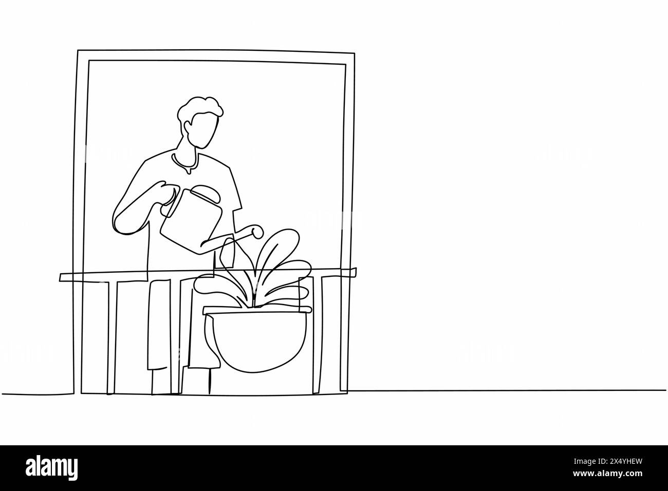 Simple une ligne dessinant homme arrosant des fleurs sur le balcon. Jeune homme qui fait le jardinage passe-temps favori. Jardin maison, plantes d'intérieur poussant. conti moderne Illustration de Vecteur
