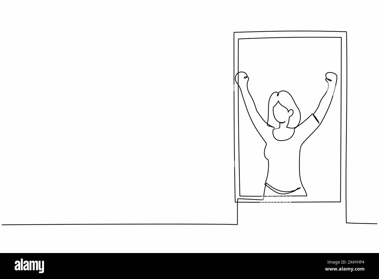 Une seule ligne continue dessinant femme heureuse faisant des étirements et regarder hors de la fenêtre. Accueillez la nouvelle journée et respirez l'air frais. Profitez d'un week-end ensoleillé à la maison Illustration de Vecteur