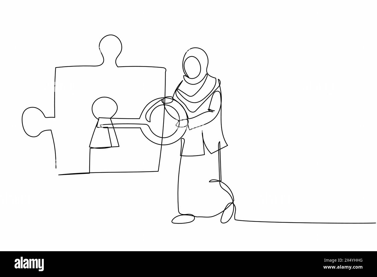 Simple une ligne dessinant une femme d'affaires arabe a mis la clé dans la pièce de puzzle. Partenariat ou coopération dans un projet d'entreprise. Travail d'équipe résolution de tas compliqués Illustration de Vecteur