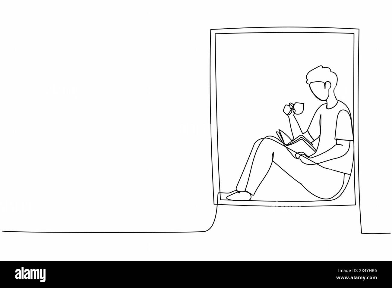 Continu une ligne dessinant homme sur le rebord de la fenêtre avec tasse de café chaud, thé. Restez à la maison, lisez livre. Profitez de l'atmosphère du jour dans la fenêtre de la chambre. Chantez Illustration de Vecteur
