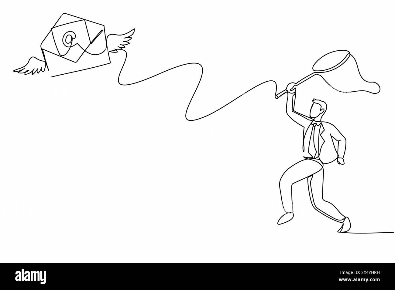 Continu une ligne dessinant homme d'affaires essayer d'attraper le courrier volant avec filet papillon. Message entrant non lu. Décoration pour cartes de vœux, poste Illustration de Vecteur