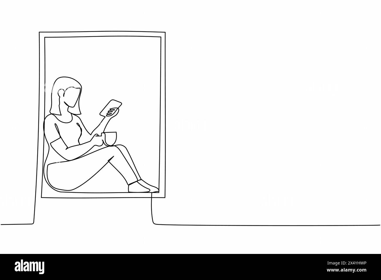 Simple une ligne dessinant jeune dame assise sur le rebord de la fenêtre avec du café et profitant du temps de repos avec smartphone. Femme se relaxant à la maison avec un téléphone portable. Illustration de Vecteur