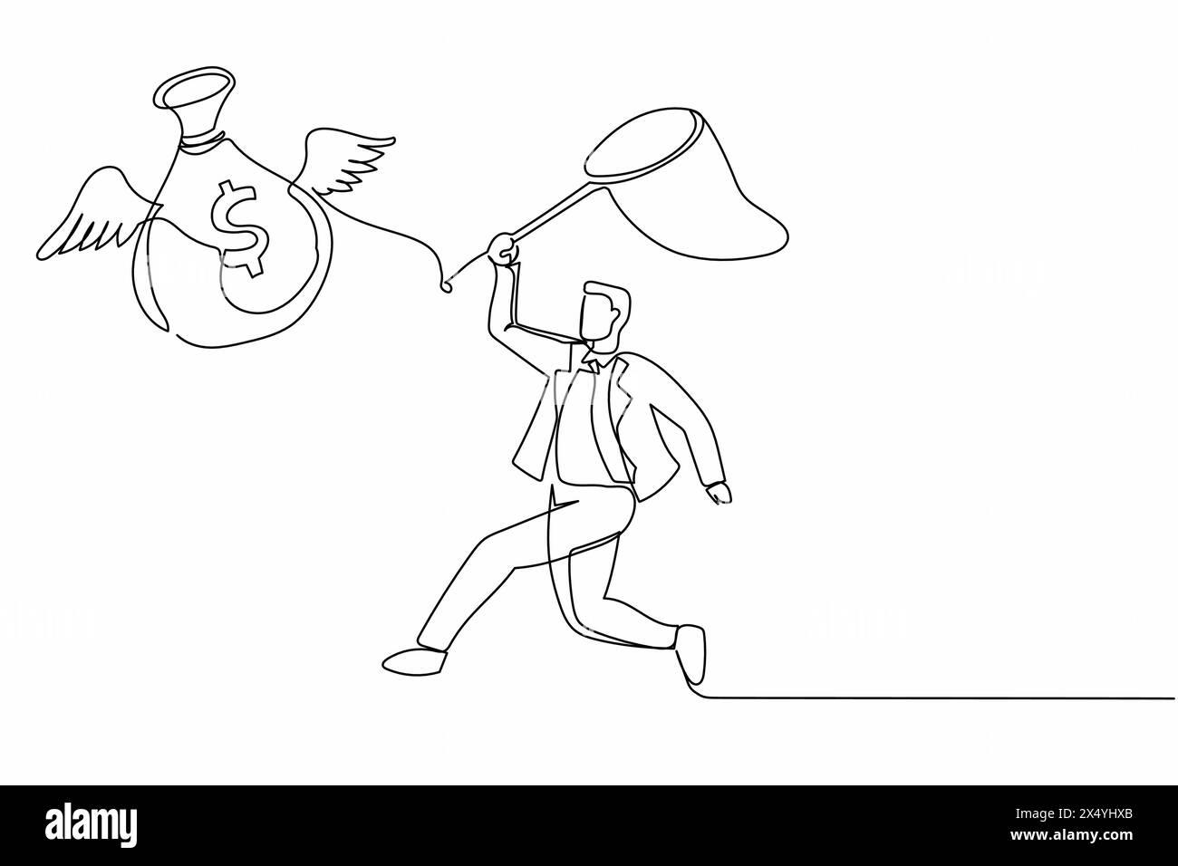 Simple une ligne dessinant homme d'affaires essayer d'attraper le sac d'argent volant avec filet papillon. Atteindre des objectifs, des profits, de l'argent. En quête de succès. Contin Illustration de Vecteur
