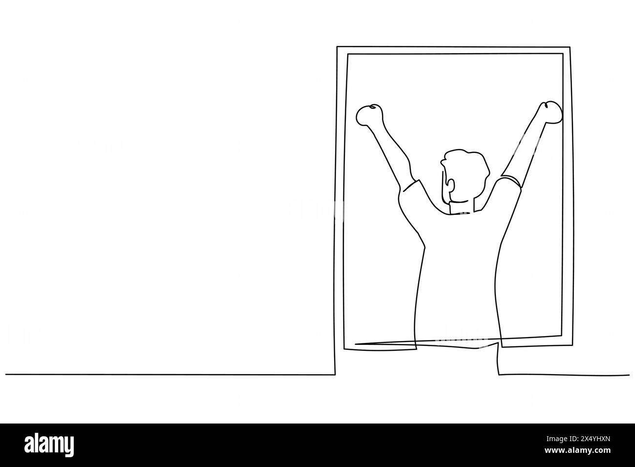 Une seule ligne continue dessinant vue arrière détendue homme étirant les bras dans la fenêtre après une bonne nuit de sommeil. Bonjour concept. Jeune homme debout à wi Illustration de Vecteur