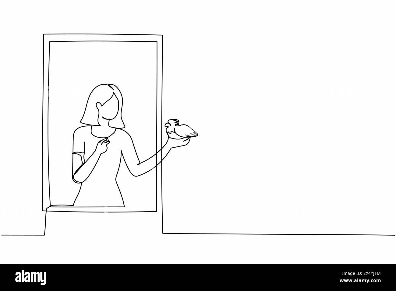 Ligne continue unique dessinant une jeune femme debout sur le rebord de la fenêtre avec oiseau dans le bras. Femme heureuse sur le balcon avec son animal de compagnie. Ouvrez la fenêtre pour avoir de l'air frais Illustration de Vecteur