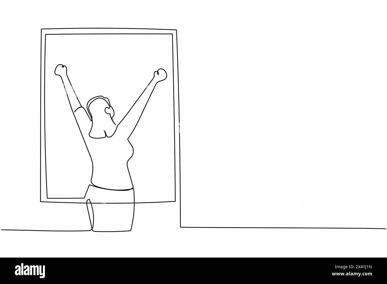 Simple une ligne dessinant vue arrière jeune femme étirant les bras dans la fenêtre après une bonne nuit de sommeil. Femelle détendue debout à la fenêtre pour obtenir l'air frais. Co Illustration de Vecteur